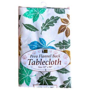 BETTER HOME Peva Flannel Back Oblong Green Gold Leaf TableCloth Sz 52" x 90" NEW